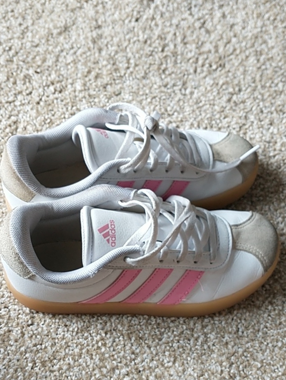 adidas White and Pink Kids Sneakers with Gum Sole